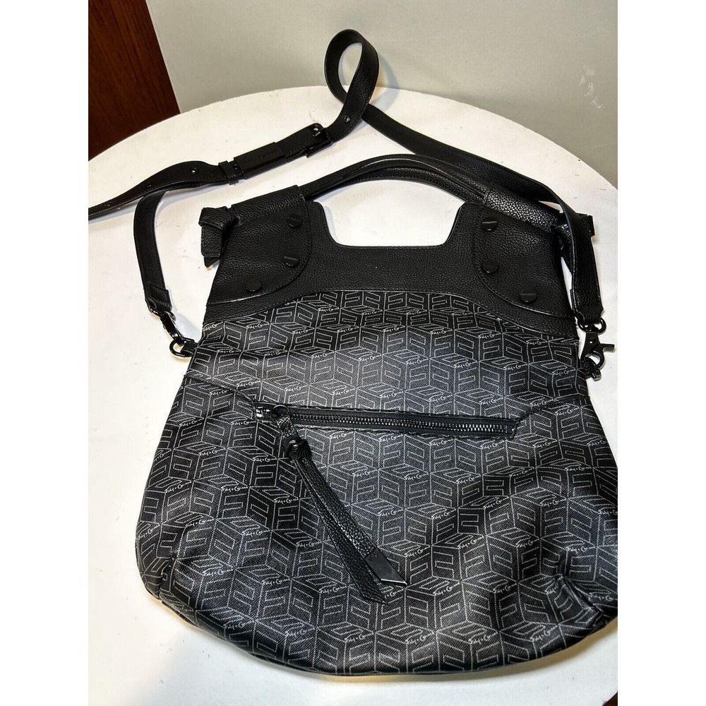 Foley +‎ Corinna Black & Grey Geometric Crossbody Fold Over Tote Bag Leather